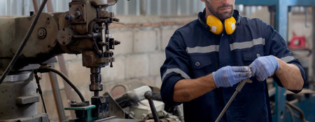 Young caucasian engineer man examining and measuring steel with expertise at lathe factory, worker...