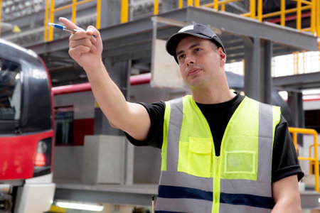 Young engineer man or worker hold clipboard for looking and checking electric train for planning...
