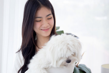 Young asian woman standing carrying with fluffy dog shih tzu with love in living room at home,...