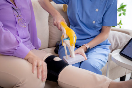 Caregiver or nurse helping check tendon and arthritis of knee or leg for diagnostic and rehabilitation while explaining senior woman with tablet living room at home, caretaker or physiotherapist.の写真素材