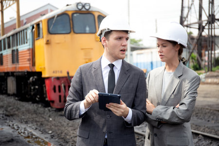 Young caucasian engineer man and woman in suit checking train with tablet in station, team engineer inspect system transport, technician examining infrastructure, transportation and industry.の写真素材