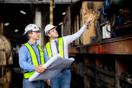 Team young caucasian engineer man checking train looking blueprint in station, team engineer inspect system transport, technician examining infrastructure, transportation and industry concept.の写真素材