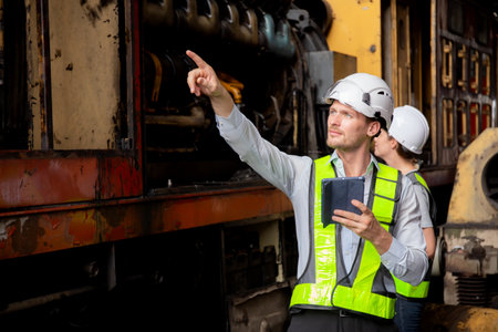 Young caucasian engineer man and woman checking train with tablet in station, team engineer inspect...