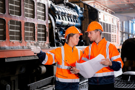 Young caucasian engineer man and woman checking train looking blueprint in station, team engineer inspect system transport, technician examining infrastructure, transportation and industry.の写真素材