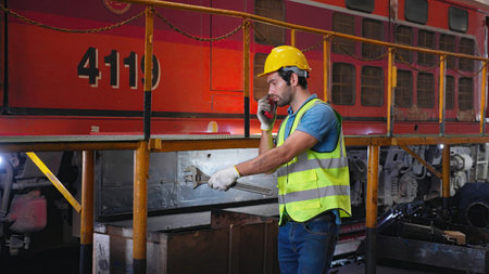 Young caucasian engineer man maintenance and repair train diesel engine while using talkie with...