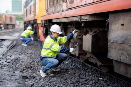 Young caucasian engineer man maintenance and repair train diesel engine in station, team engineer...