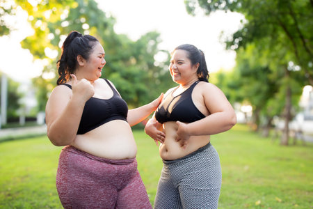 Two plus size woman share a moment during their workout in green park, embodying joy and fitness, fat woman and friends enjoy during exercise together in garden, activities for health and wellness.の写真素材