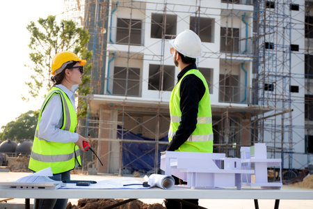Team architect and builder talking and holding model house at construction site, contractor and...