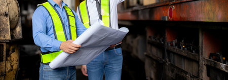 Team young caucasian engineer man checking train looking blueprint in station, team engineer inspect...
