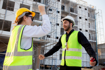 Happy team of architect or engineer with success and glad at construction site, team contractor or...