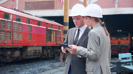Young caucasian engineer man and woman in suit checking train with tablet in station, team engineer...