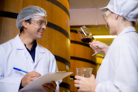Winemaker team checking and examining producing wine at winery in factory, inspector checking...