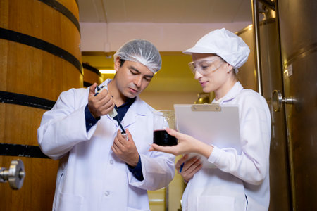 Winemaker team checking and examining producing wine at winery in factory, inspector checking quality and fermenting wine storage in tank or barrel at room, industrial and manufacture concept.の写真素材