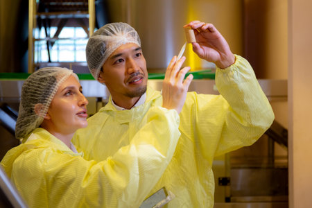 Two quality assurance technicians collaborate to assess a cork quality in factory, team inspector...