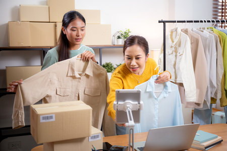 Two young asian woman live online clothing store while showing clothing with tablet on social at home, entrepreneur streaming for selling online clothing and presenting, online seller.の写真素材