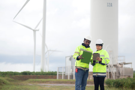 Two engineer check and examining wind turbines in wind farm, renewable energy and teamwork in a...