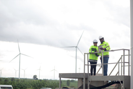 Two engineer check and examining wind turbines in wind farm, renewable energy and teamwork in a sustainable environment, inspection power electric with document and tablet, industry and eco.の写真素材