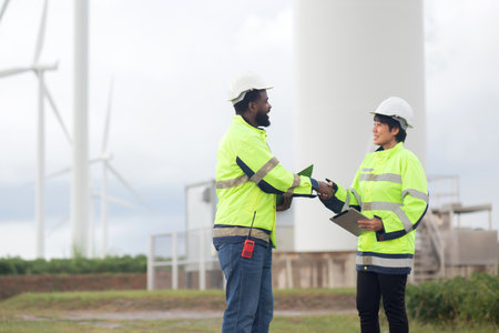 Two young engineer handshake about agreement of success renewable in wind turbines farm, renewable energy and sustainable collaboration for success and innovation, engineer shaking hands.の写真素材