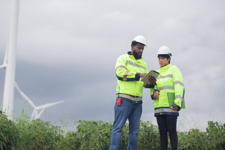 Two engineer check and examining wind turbines in wind farm, renewable energy and teamwork in a sustainable environment, inspection power electric with document and tablet, industry and eco.の写真素材