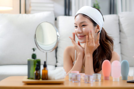 Beauty young asian woman applying cream on facial for wrinkles while looking mirror in living room at home, happy beautiful woman applying lotion moisturizer on cheek for hygiene, skincare and beauty.の写真素材