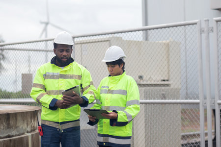 Two engineer check and examining wind turbines in wind farm, renewable energy and teamwork in a sustainable environment, inspection power electric with document and tablet, industry and eco.の写真素材