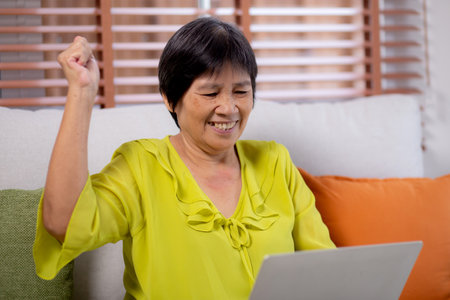 Asian senior woman sitting on sofa using laptop computer for looking social media with success in living room at home, elderly doing activities and communication, relaxation and leisure of retirement.の写真素材