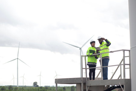 Two engineer check and examining wind turbines in wind farm, renewable energy and teamwork in a sustainable environment, inspection power electric with document and tablet, industry and eco.の写真素材