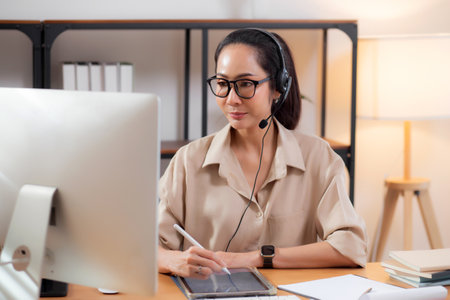 Professional young asian business woman working and meeting online while writing on tablet in modern home office, businesswoman video call with conference distant, call center and support.の写真素材
