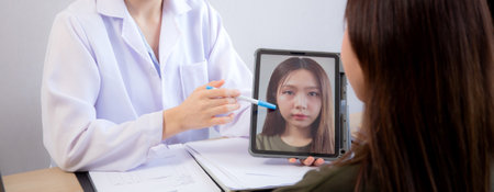 Young asian patient woman consulting with doctor in coat about wrinkle and skin for rejuvenate and beauty while watching tablet in modern medical office, doctor explaining and diagnostic facial.の写真素材