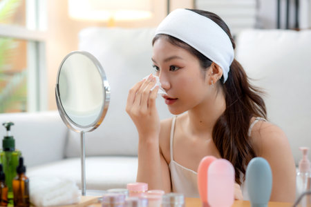 Beautiful young asian woman smile with skin care use oil blotting paper on face looking mirror in the room, beauty woman happy and clean makeup and cosmetic with tissue, skincare and healthの写真素材