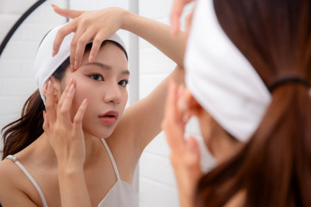 Beautiful young asian woman examining skin of facial while looking mirror in bathroom at home, unhappy woman touching cheek with check wrinkle with stress and worry, beauty and skincare concept.の写真素材
