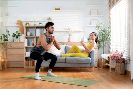 Young asian man doing squat exercise on yoga mat in living room at home while woman using phone for relax on sofa, fitness training and healthy lifestyle in a cozy, strength and strong of muscle.の写真素材
