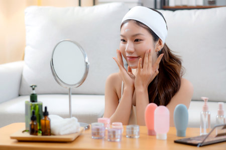 Beauty young asian woman applying cream on facial for wrinkles while looking mirror in living room at home, happy beautiful woman applying lotion moisturizer on cheek for hygiene, skincare and beauty.の写真素材