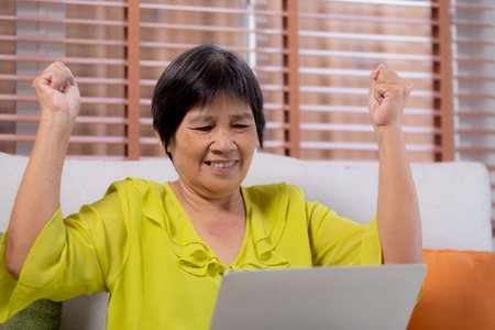 Asian senior woman sitting on sofa using laptop computer for looking social media with success in living room at home, elderly doing activities and communication, relaxation and leisure of retirement.の写真素材