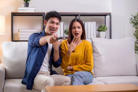 Young asian couple sitting on sofa in living room at home, reacting with surprise while watching television, expression emotional response during a dramatic scene, leisure together in cozy.の写真素材