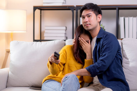 Young asian couple watching a scary or thrilling TV show in living room at home with emotion shock and scared, emotion reaction while watching horror television with fear, lifestyle and bonding.の写真素材