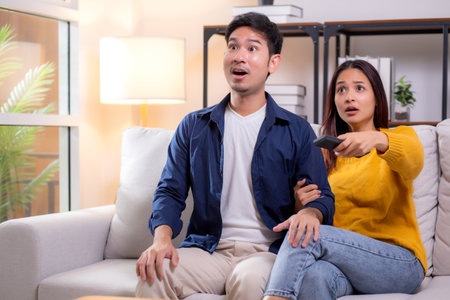 Young asian couple sitting on sofa in living room at home, reacting with surprise while watching television, expression emotional response during a dramatic scene, leisure together in cozy.の写真素材
