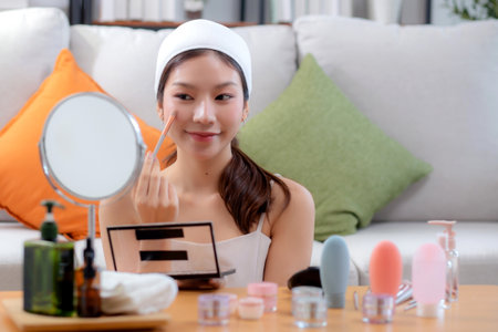 Beauty happy young asian woman applying makeup with brush looking mirror in living room at home,...