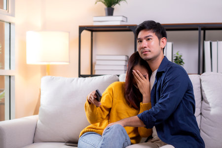 Young asian couple watching a scary or thrilling TV show in living room at home with emotion shock and scared, emotion reaction while watching horror television with fear, lifestyle and bonding.の写真素材