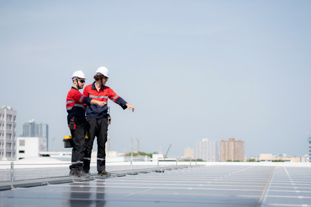 Team engineer and technician working on solar panel installation at rooftop, renewable energy inspection with teamwork, clean power technology for sustainable electricity, industry and solar cell.の写真素材