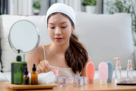 Beauty young asian woman applying cream on facial for wrinkles while looking mirror in living room at home, happy beautiful woman applying lotion moisturizer on cheek for hygiene, skincare and beauty.の写真素材