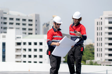 Two engineer checking solar energy system looking blueprint together for planning installation solar...