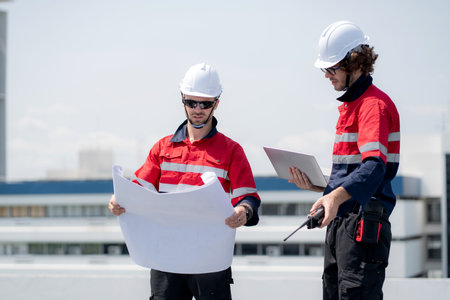 Two engineer checking solar energy system looking blueprint together for planning installation solar...