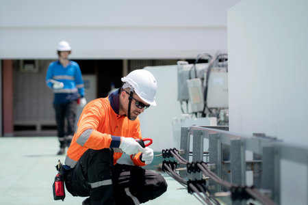 Electrician working on electrical system maintenance on rooftop, industrial worker is concentrated on wiring installation, technology and safety, technician use tool for wiring connection.の写真素材