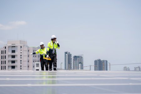 Team engineer and technician working on solar panel installation at rooftop, renewable energy inspection with teamwork, clean power technology for sustainable electricity, industry and solar cell.の写真素材