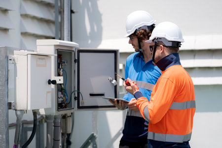 Team engineer inspect electrical control panel using tablet checking voltage, system connection and industrial infrastructure, technician working maintenance and testing circuits, power distribution.の写真素材
