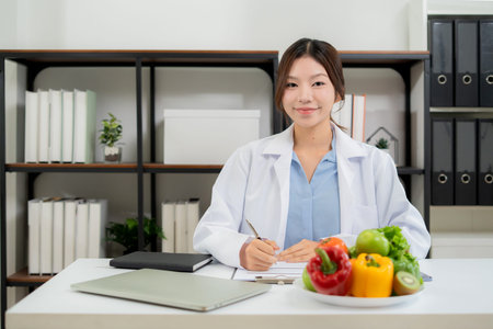 Portrait asian woman nutritionist working in medical clinic office, doctor specialist diagnosis planning nutrition, weight control for patient wellness, consultation for weightloss with meal plan.の写真素材