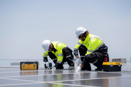 Professional solar panel installer engineer team installing photovoltaic system renewable energy...