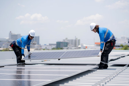 Caucasian worker team installing solar cell for sustainable energy power, eco friendly electricity...
