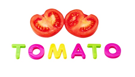 The tomato and word isolated on a white backgroundの写真素材